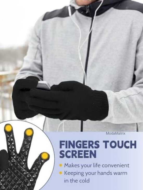 Winter Beanie & Touchscreen Gloves Set 12 Pcs Fleece Lined Knit Skull Cap